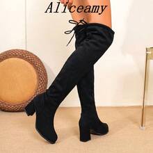 2025 New Fashion Women's Lace-Up Over-The-Knee Boots, Sexy Western Style Warm Over-The-Knee Boots, Lace-Up Slim Fit Black Party Boots - Black - View 10