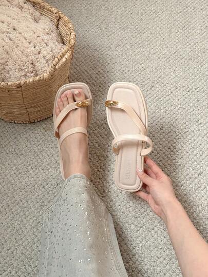  XIXITIAO 女士户外软底人字拖，百搭纯色沙滩凉鞋，法式简约风格平底方头轻便舒适休闲家居拖鞋，适合海滩/户外/派对等场合