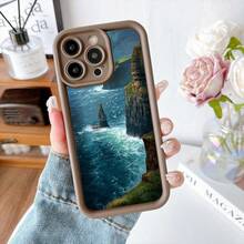 Cubierta de teléfono con diseño de paisaje marino y acantilados en azul oscuro para uso diario y viajes - Negro - Ver 5