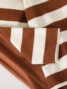 女童条纹 Polo 领长袖上衣 + 休闲喇叭裤套装 - 棕色 - 查看 3