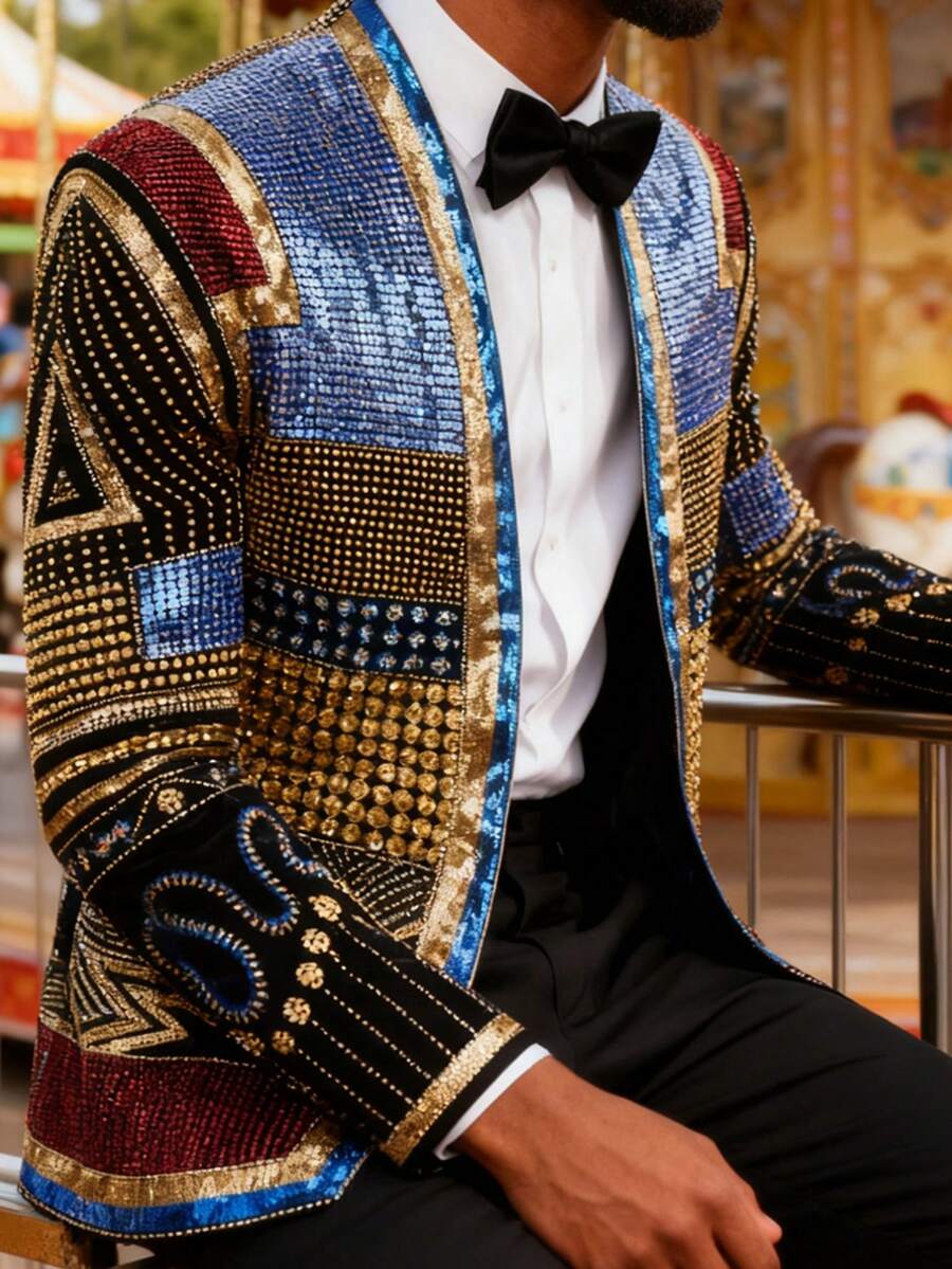 Men's Sequin Blazer, Floral Tuxedo Jacket, Lapel Suit For Party Wedding Banquet Prom - 黑色 - 查看 1