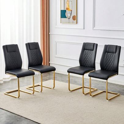 Black PU Dining Chair In Nordic Style (Four Chairs Inside A Box) - With Mesh Stitching Design, Shiny Silver Metal Legs And Non-Slip Feet, Simple Versatility.