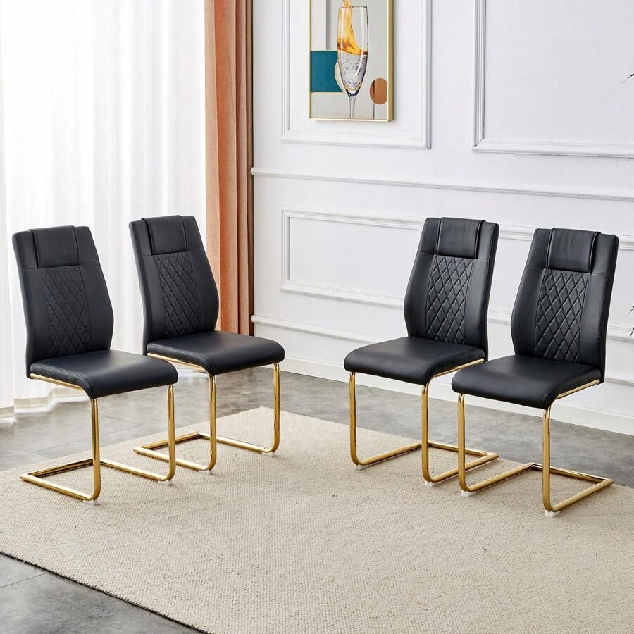 Black PU Dining Chair In Nordic Style (Four Chairs Inside A Box) - With Mesh Stitching Design, Shiny Silver Metal Legs And Non-Slip Feet, Simple Versatility. - Black+Gold + Metal + PU Leather + Set Of 4 - View 1