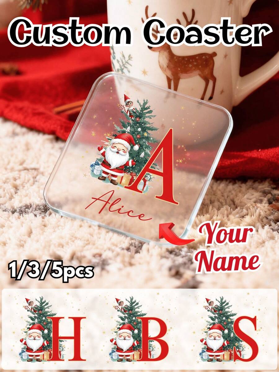 1/3/5PCS Customized Personalised Initial Coaster, Customised Acrylic Name Coaster, Customized Christmas Coaster Santa Claus Letter Coaster,Birthday Gift, Drinks Coaster, Personalised Coasters, Daddy Gifts, Home Gifts,Valentine's Day Gift, Wedding Gifts, Wedding Accessories, Christmas Gift, Christmas Decor, Thanksgiving Gift, New Year Gift, Party Decor