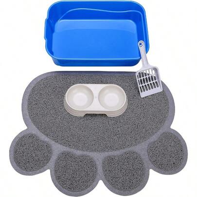 Kitty Open Top Litter Box Without Lid Kitten Litter Mat Pooper Lifter Scoop And Cat Dish Bowl Litter Pan Small Cat Starter Kit 4 Pack For Kitten Within 3 Months GreyScoop Set