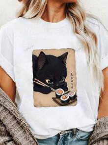 Women's Short Sleeve Black Cat Eating Sushi Print T-Shirt Cute Cartoon Design Fashion Style Comfortable Daily Wear Perfect Gift - White - View 1