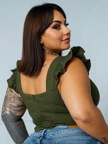 Women's Summer Plus Size Cropped Blouse With Ruffled Sleeves, Button Detail, Back Zipper, Curve Look, Sizes 44 To 54 - Verde militar - Ver 2