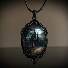 PINK TOWN Gothic Raven Castle Pendant Necklace,Vintage Cameo Glass Pendant Necklace Punk Style Victorian Choker Necklace Goth Raven Cabochon Choker Mystic Witch Halloween Jewelry For Women{Inchcolor_nameinch:Inch4482inch} - 4482 - 查看 3