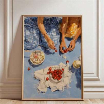 1幅复古夏日野餐静物艺术画，浪漫厨房墙面装饰，田园风餐厅艺术，美食爱好者礼物，可打印墙面艺术，现代简约风格海报，客厅和卧室装饰，浴室装饰，理想礼物，不含画框