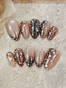 10片鹿纹短款杏仁形可爱假指甲，棕色，手工法式美甲贴片，适合女性日常佩戴 - 棕色 - 查看 3