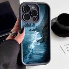 Cubierta de teléfono con diseño de paisaje marino azul oscuro para iPhone 14 Pro Max funda protectora con imagen de olas y acantilados estilo natural ideal para uso diario y viajes - Blanco - Ver 1