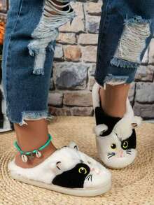 Women's Cute Cat Pattern Indoor Soft Bottom Warm Non-Slip Plush Slippers, Suitable For Winter