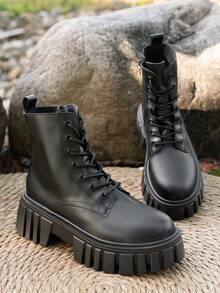 秋冬女士高级黑色真皮2.56英寸厚跟系带侧拉链摩托车踝靴，保暖日常通勤靴，厚底时尚派对西部靴 - 黑色 - 查看 2