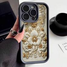 Cubierta de teléfono con bordado floral beige y dorado diseño elegante para mujer uso diario y ocasiones especiales - Blanco - Ver 3