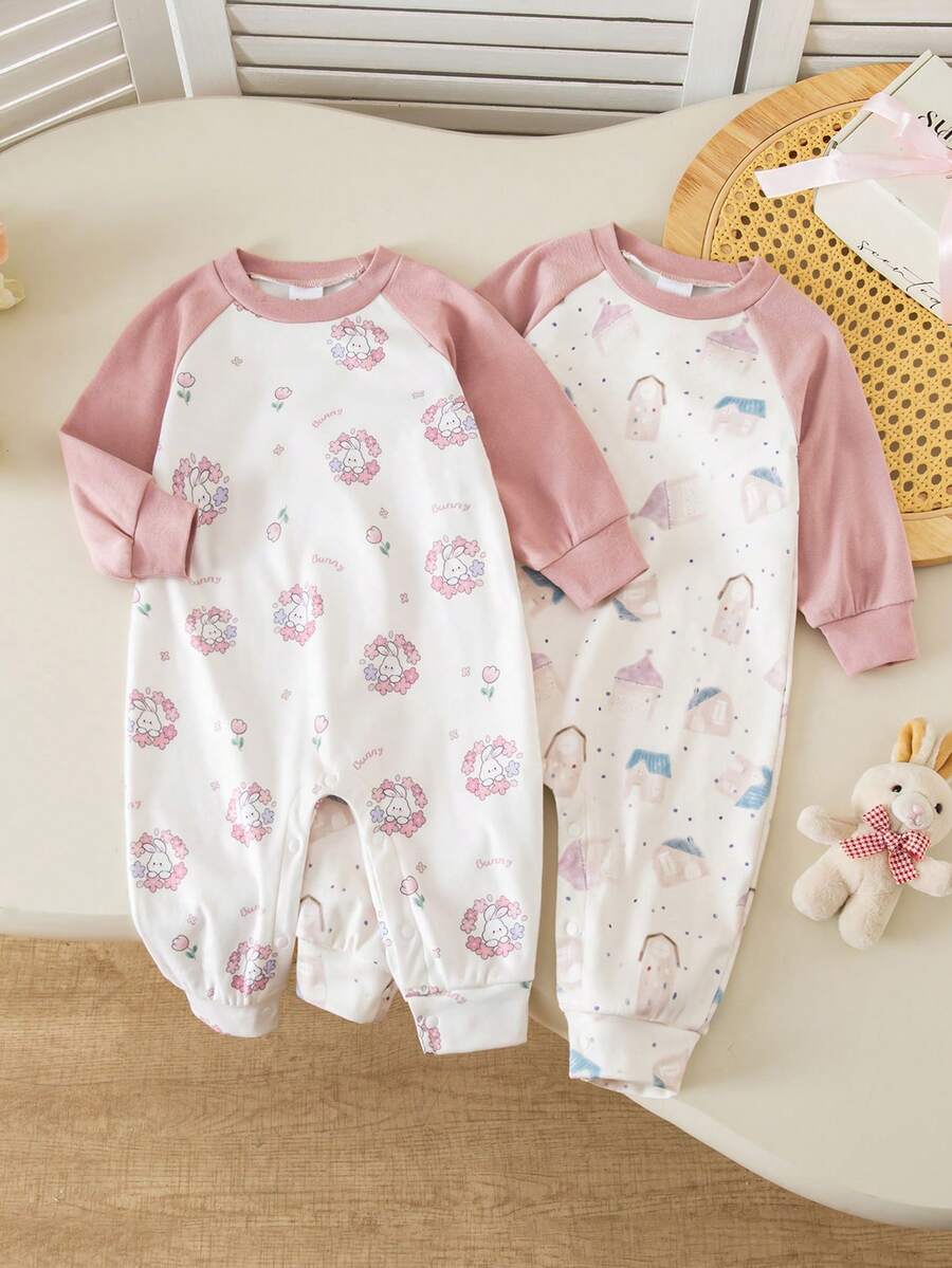 2pcs/Set Fashionable Cute Contrast Color Cartoon Rabbit & House Pattern Baby Jumpsuit. Thickened Warm Jumpsuit Suitable For Autumn/Winter. Soft & Comfortable. Round Neck And Snap Crotch Design. Fashionable Casual Holiday Style. Suitable For Outdoor Activities, Parties, Gatherings And Daily Leisure Wear. - Multicolor - View 1