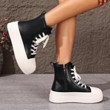 Women's High-Top Sneakers, Thick Sole, Hidden Wedge Heel, Niche Design, Casual Boots, Lace-Up, Metal Eyelets, Indoor/Outdoor