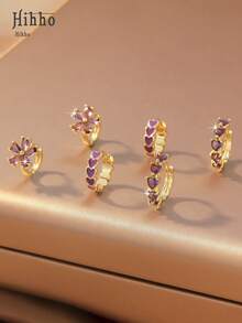 Hihho 6pcs Minimalist Sparkling Cubic Zirconia Inlaid 5-Petal Flower Pendant Earrings, Heart-Shaped Earrings, Purple Ombre Earrings Set, Luxury Jewelry Gift - Purple - View 3