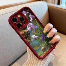 Cubierta de telefono con borde negro diseño de iris púrpura y charca con ranas para iPhone 14 Pro Max estilo natural elegante ideal para uso diario y viajes - Café integral - Ver 6