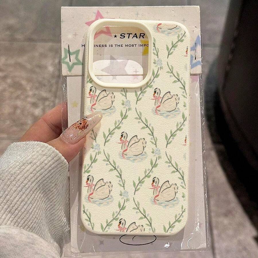 1个TPU材质优雅藤蔓蝴蝶结天鹅全屏图案手机壳,兼容苹果17 Pro Max/17/16 Pro Max/15/13/12/11、S20 FE/A15/S24/A55、Note 11/Note 12/Note 13 Pro,防震软保护套 - 白色 - 查看 1