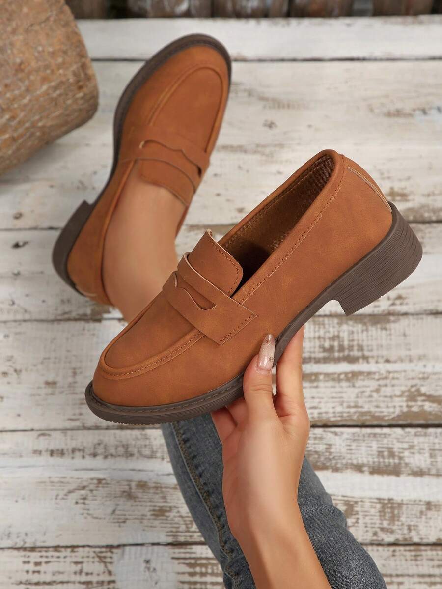 秋冬新款女士乐福鞋，复古学院风小皮鞋，棕色鞋，浅口学生鞋，一脚蹬女鞋，女士平底鞋，四季休闲通勤鞋 - 棕色 - 查看 1