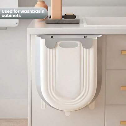 1pc Portable Folding Trash Can With Hook - Modern Minimalist Rectangular Design, Space-Saving, Durable Plastic Material, Suitable For Kitchens And Bathrooms, No Electricity Required, Convenient For Handling Toilet Waste, Easy Surface Cleaning.