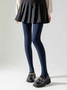 1 Pair Plus Size 80D Opaque High Waist Leggings, Soft Polyester Solid Color Tights, Hand Washable, Multiple Colors For Women - Navy Blue - View 10
