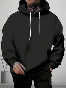 1 pieza Sudadera con capucha informal para hombre de talla grande con estampado de gato y luna, de tela cómoda, adecuada para salidas casuales, viajes al aire libre, ocio en casa, gran regalo para hombres, primavera/otoño - Negro - Ver 2