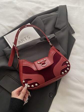 1件装女士复古美拉德朋克漫游者摩托车包，铆钉装饰，可调节肩带，大容量，柔软人造蜡革，渐变色，单肩斜挎两用，适合工作、通勤、约会和派对，小众设计，蒸汽朋克，哥特风，女士包包，酷女孩街头风，完美适用于音乐节、演唱会，摇滚风格女士包包。