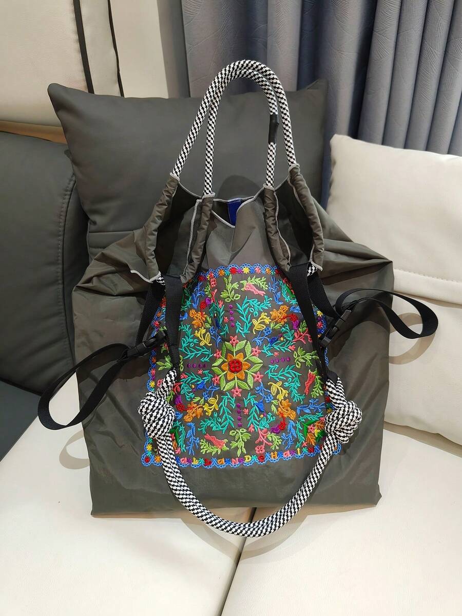 1pc New Embroidered Floral Pattern Lightweight Nylon Large Capacity Shopping Tote Bag, Adjustable Shoulder Strap, Suitable For Commuting, Shopping, And Beach, Women's Shoulder/Crossbody Bag