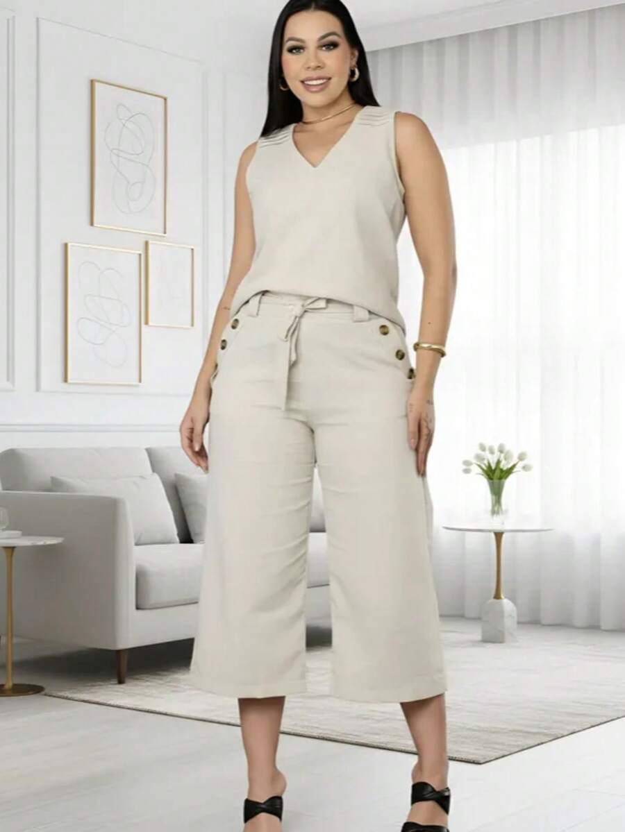 Women's Linen Set Pantacourt Pants With Pocket + Strappy Top - Women's Fashion - Beige - View 1