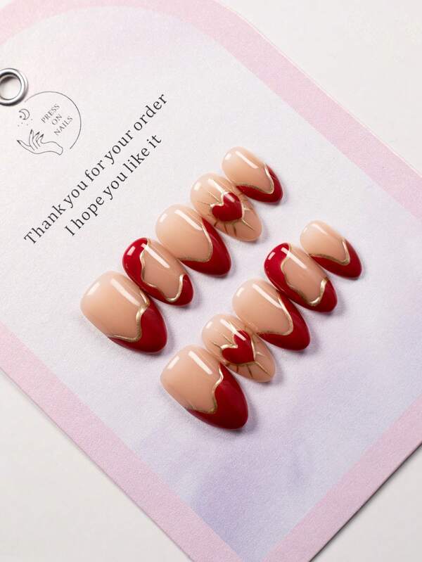 Uñas acrílicas de San Valentín, 10 piezas, uñas postizas cortas, con patrón de corazón 3D de color rojo vino, tamaño corto, forma de almendra, adecuadas para uso diario y fiestas festivas de niñas y mujeres