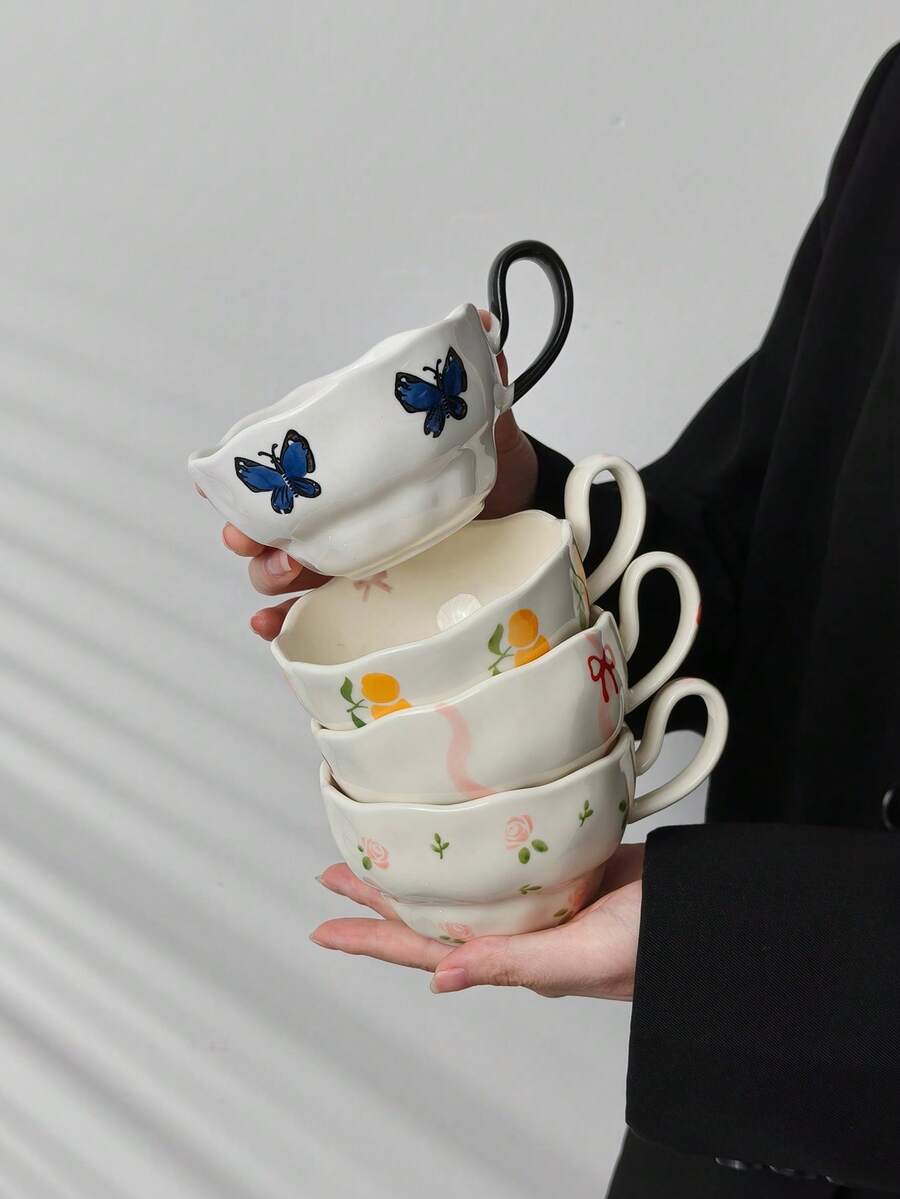 Vintage Creative Hand-Painted Butterfly & Floral Coffee Cup & Saucer Set, Home Decor Tea/Coffee Drinking Cup Gift For Friends, Housewarming