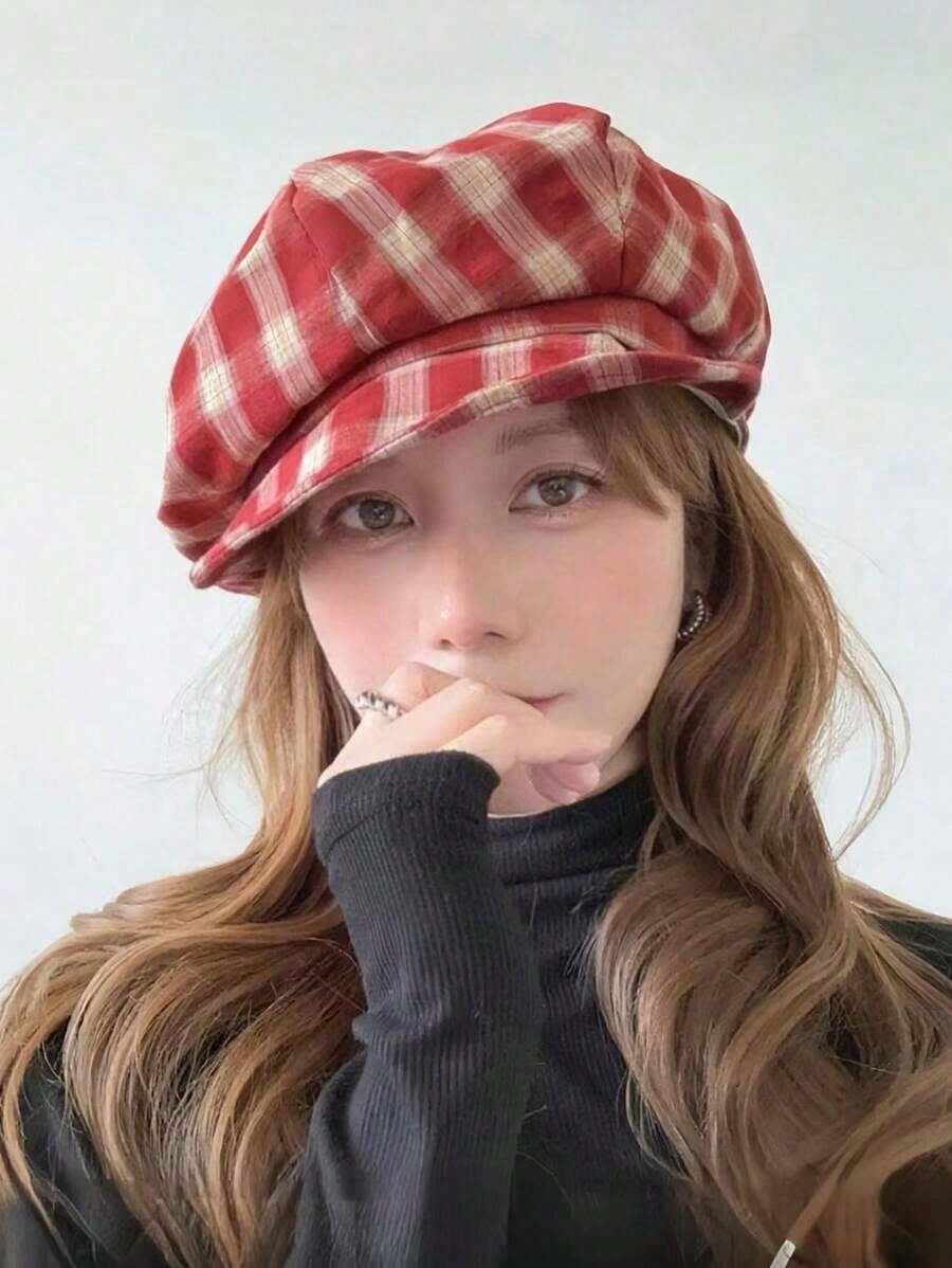 1pc Retro Plaid Beret Hat, Women's Summer Painter Cap, Small Head Circumference, Cloud-Shaped Octagonal Hat, Japanese Style - Đỏ - Xem 1