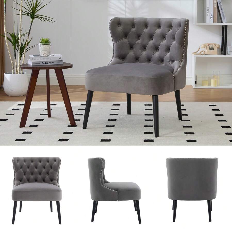 Chair, Single, Velvet Upholstery With Button Strip And Rivet Trim, Modern Design Without Arms, Solid Wood Legs For Living Room And Bedroom, Grey - Xám - Xem 1
