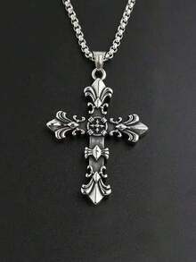 1pc European And American Cross Pendant Necklace, Retro Style Jewelry, Non-Fading Men's Fashionable Summer Necklace For Both Genders, Hip-Hop Designed Sweater Chain Pendant, Apparel Accessory For Gifts Or Wholesale, Suitable For Daily Wear For Men - 彩色 - 查看 2