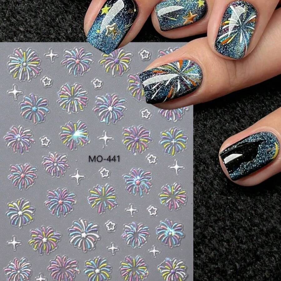 1pc Self-Adhesive Firework Nail Stickers - Glittering 3D Firework Slides, Self-Illuminating Effect (No Glue Required), Suitable For New Year's, Christmas, Parties - Temporary DIY Nail Art Decals For Hands, Nails, And Toes - Glossy Plastic Finish - 1個 - 查看 1