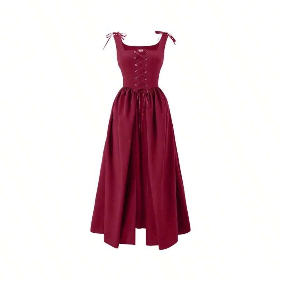 Women's Peasant Overdress With Adjustable Laces Pockets, Renaissance Corset Dress Halloween, Medieval Festival - 葡萄酒+小酒 - 查看 1