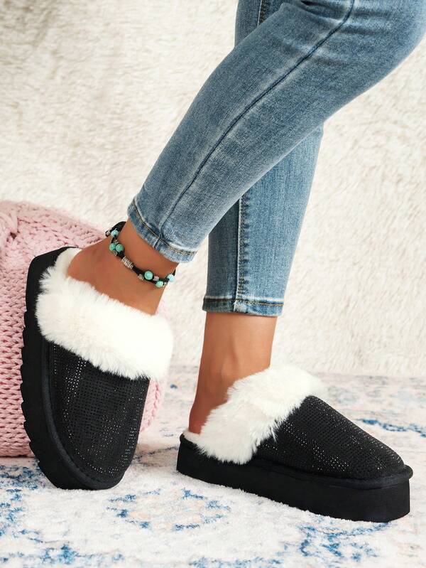 Damen Herbst/Winter Strass verzierte lässige Mode Hausschuhe, dicke Sohle, Fleecefutter für Wärme und Komfort, geeignet für Innenbereich Lässig und Wärme