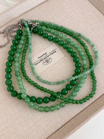 1pc Chinese Style Jade Green Beaded Necklace, Natural Stone Choker Necklace Accessory For Women