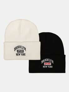 2pcs Unisex Letter Embroidered Brimless Beanie Hats, Streetwear Style