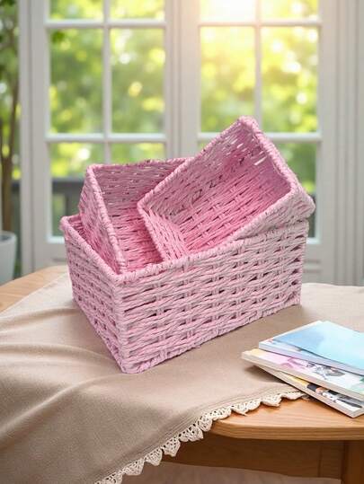 1pc/3pcs Multipurpose Storage Basket, Entryway Desk Organizer Box For Snacks, Cosmetics, Home Use Retro Woven Basket, Compact Yet Sturdy, Lightweight Woven Design That Enhances Tidiness In Living Room, Kitchen, Bathroom; Versatile Organizer For Cosmetics, Snacks, Mail, Keys; Timeless Retro Style Complements Farmhouse, Scandinavian, Modern Decor; Ideal Gift For Home Organization.