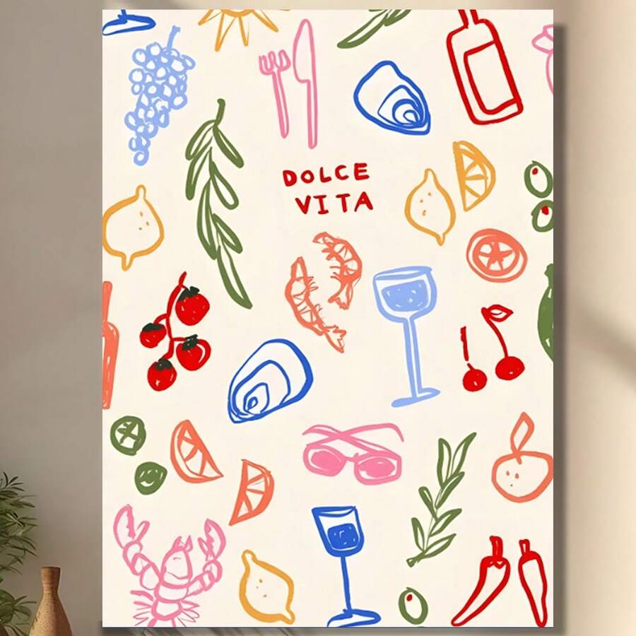 Framed Canvas Dolce Vita Canvas Wall Art Print – Vibrant Art Deco Modern Retro Style, Colorful Cartoon Illustration With Italian-Inspired Food & Lifestyle Designs, Perfect For Living Room, Bedroom, Kitchen, Or Home Office Decor For Living Room, Bedroom, Home Office Birthday Party Bathroom Christmas Easter Halloween And Other - Đã đóng khung - Xem 1