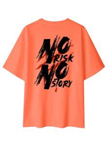 Camvyn Men's Casual Fashionable Street Slogan Print Dropped Shoulder Loose Breathable Short Sleeve T-Shirt, Summer - Orange - View 2