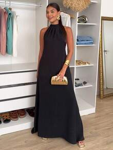 Women's Long Duna Dress Elegant Summer High Neck Tank Top Bare Back Bow - 黑色 - 查看 6
