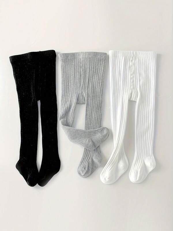 3 piezas Leggings a rayas para niños, pantalones ajustados de color negro, blanco y gris, calcetines de baile de unicolor versátiles