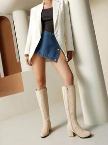 Women's Comfortable Chunky Heel Over-The-Knee Boots, PU Leather Tight Fitting Tall Boots, Casual Mid-Heel Riding Boots With Side Zipper, Versatile Solid Color Knee-High Boots For Commuting - Beige - View 2