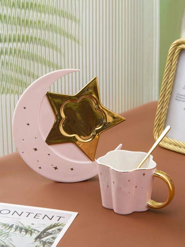 1pc Nordic Style Ceramic Coffee Cup & Saucer Set, Creative Gold-Plated Handle, Fashionable Star & Moon Design, Elegant Office/Afternoon Tea Cup