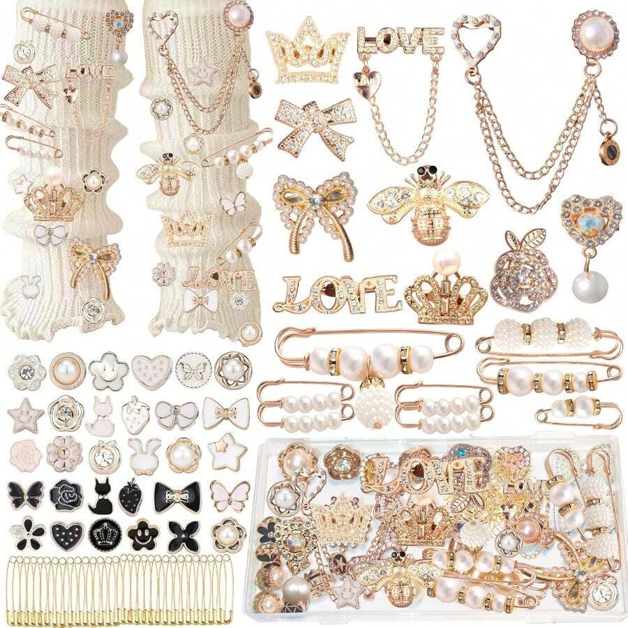 72Pcs Junk Socks Charms Kit, Gold Brooches And Pins Women, Pearl And Sock Charms With Safety Pins, Accessories Decorating And Personalizing Socks Clothes Hats Shoes Scarf Shawl - Vàng - Xem 1