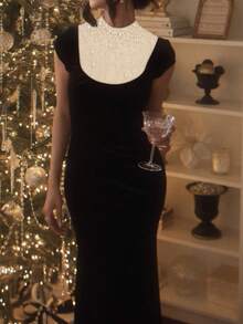 Women's Elegant Christmas Party Faux Pearl Fitted Mermaid Hem Formal Dress