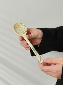 Vintage Floral Ceramic Spoon, Household Soup Spoon, Japanese Style Dessert Spoon, High-Quality Rice Spoon, Personal Long Handle Spoon